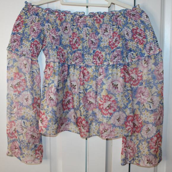 INTERMIX Lucy Silk Off-the-Shoulder Smocked Floral Long Sleeve Top | Small - Picture 2 of 10